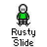 Animated contact sheet showing 17 sequential frames of a pixel art character performing various skateboarding actions on brown platforms with gray edges, labeled "Rusty Slide" below each frame.