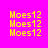 Yellow pixelated text 'Moes12' on bright pink background with blue horizontal bars appearing in different positions across frames.