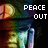Pixelated image of a character with green hair and blue pants, showing two text variations: 'PEACE OUT' on the left and 'GIRL SCOUT' on the right.