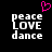Black background with white pixelated text 'peace LOVE dance' in three lines, a pink heart symbol above the left side.