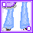 Pixel art of nine showing a character's legs, torso, face, and text phrases in purple lettering