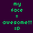 Pixelated green text on dark purple background with red rectangular overlays showing variations of 'my face = awesome!!! =p' across three