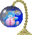 Blue spherical icon with pink bear-like figure inside, suspended from golden curved hook on gray background.