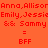Red pixelated text on orange background displays repeated names and "BFF" with yellow highlight changes