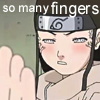 Anime-style character with dark hair and a headband displays a neutral expression while holding up a hand with multiple fingers visible.