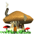 Animated contact sheet of a mushroom house icon with four identical frames showing a brown-capped mushroom dwelling, red mushrooms, green grass, and smoke from the chimney.