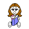 Pixelated cartoon character with brown hair, blue eyes, pink top, and purple skirt holding a book in four sequential poses.