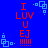 Blue background with red text reading "I LUV U EJ !!!!!" and light blue pixelated square shapes scattered around.