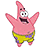 Pixelated pink starfish character with yellow shorts, arms raised in excitement against white and light blue background.