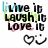 Animated icon with changing text phrases over layered background text, featuring heart and smiley symbols at bottom.