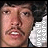 A pixelated face with dark hair and a mustache, wearing a white ruffled collar; the right side shows slightly different mouth positioning.