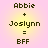 Pixelated text on a gradient background showing 'Abbie + Joslynn = BFF' in two identical vertical arrangements.
