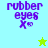 Pixelated purple text 'rubber eyes Xo' on light blue and green backgrounds with a yellow star in one frame and a white star in another.