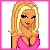 Pixel art contact sheet of a blonde cartoon woman in various poses and outfits with text elements, arranged in a 3x3 grid on white background with pink borders.