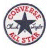 Circular Converse All Star logo with dark blue star and red text, alongside multiple high-top sneakers in black, light blue, red, camouflage, pink, green, and blue.