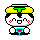 Pixel art character with yellow headpiece and green top, alternating between white face with red cheeks holding blue cup or pink face with closed eyes.