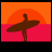 Pixelated animated contact sheet showing a surfer silhouette and 'THE OC' text in orange/pink gradient with heart icons across 8 frames.