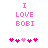 Pixelated pink text "I LOVE BOBI" above five pink hearts with one lighter pink heart in the center, displayed in two side-by-side static frames.