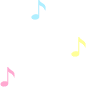 Animated sequence of colorful musical notes floating against a white background with scattered small dots.