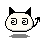 Four pixel-art frames of a white cat-like mascot with black ears and tail, showing eye expression changes across the animation sequence on a gray background.