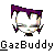 Pixelated static buddy icon featuring a white cartoon character with purple hair and closed eyes, wearing a dark outfit, positioned above the text "GazBuddy" on a gray background.