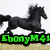 Pixelated black horse in mid-gallop pose with green text 'EboonyM41' on a white and beige background.