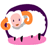 Pixelated cartoon character with pink skin and purple eyes rides a white sheep-like creature under a dark purple crescent, holding orange spiral objects.