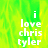 Green and yellow pixelated background with white text reading "i love chris tyler" in four vertical segments, two of which are partially obscured by a gray rectangle.