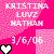Pixelated pink background with white text reading 'CRISTINA LUNZ MATHAM' and date '3/6/05', plus a black-outlined heart symbol in the bottom-left corner.