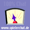 Animated gauge with purple arrow, red base, and orange rays on beige face; text overlays include '100% Chat' and 'www.spielerschat.de'