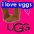 Pixelated icon with four quadrants: pink background top-left shows brown UGG boots and text, black bottom-left displays colorful 'AMER-ICAN EAGLE' letters, green grassy top-right features two dogs, gray bottom-right is empty.