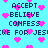 Pixelated cyan background with scattered pink hearts and repeated dark blue text reading ACCEPT BELIEVE CONFESS LOVE FOR JESUS.