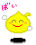 Yellow cartoon character with closed eyes, red mouth, and pink cheeks; two white squares flank the head; black base below; pink Japanese text above.