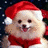Pixelated image of a light-colored dog wearing red Santa hat and matching bow tie against dark background with white speckles.