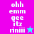 Pixelated text 'ohh emm gee itz riniii' on split background with cyan star changing color between frames.