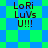 Pixelated text 'LoRi LuVs U!!!' on a blue-green checkered background with diamond-shaped pattern variations.