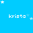 Blue background with repeated white text 'krista' and scattered star shapes in various sizes.