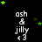 Black background with green stars scattered , white text reading 'ash & jilly <3' repeated in a pattern