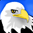 Static pixel art of a bald eagle's head with white feathers, yellow beak, and brown eye against blue background.