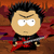 Pixelated cartoon character with spiky black hair, white glasses, and red cape holding a silver sword against a brown and orange background.
