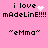 Pixel art animation on pink background with text and symbols changing across frames: heart, sparkles, and letter case variations in 'i love mAdelInE!!!' and 'emma' quotes.