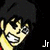 Pixelated character with black hair and yellow skin, mouth open in a wide grin showing teeth, dark background.