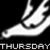 A pixelated black-and-white animated contact sheet showing two frames of a stylized white guitar shape against dark background with the word "THURSDAY" in blocky text at bottom left.