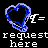 Pixelated heart outline in blue and purple hues with white text reading 'request here' below, set against a black background.