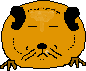 Six pixelated orange creatures with black ears and brown feet arranged in two , each showing distinct facial expressions