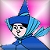 Pixelated static icon of a cartoon character in blue attire with a tall pointed hat against a pink gradient background.
