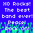 Blue background with white pixelated text reading 'XO Rocks! The best band ever! Peace! Rock On!' and green pixelated grass-like shapes at the bottom.