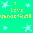 Pixelated green background with light blue stars and yellow text reading "I Love gymnastics!!!!!" repeated twice.