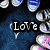 Animated collage of four distinct sections with text overlays and partial images, including a blue background with 'Love' text, colorful abstract shapes with 'Con Ver cF', red 'kiss kiss' on white plates, and two women against red backgrounds.