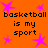 Orange background with pink star shapes and repeated black text reading "basketball is my sport" in four quadrants.